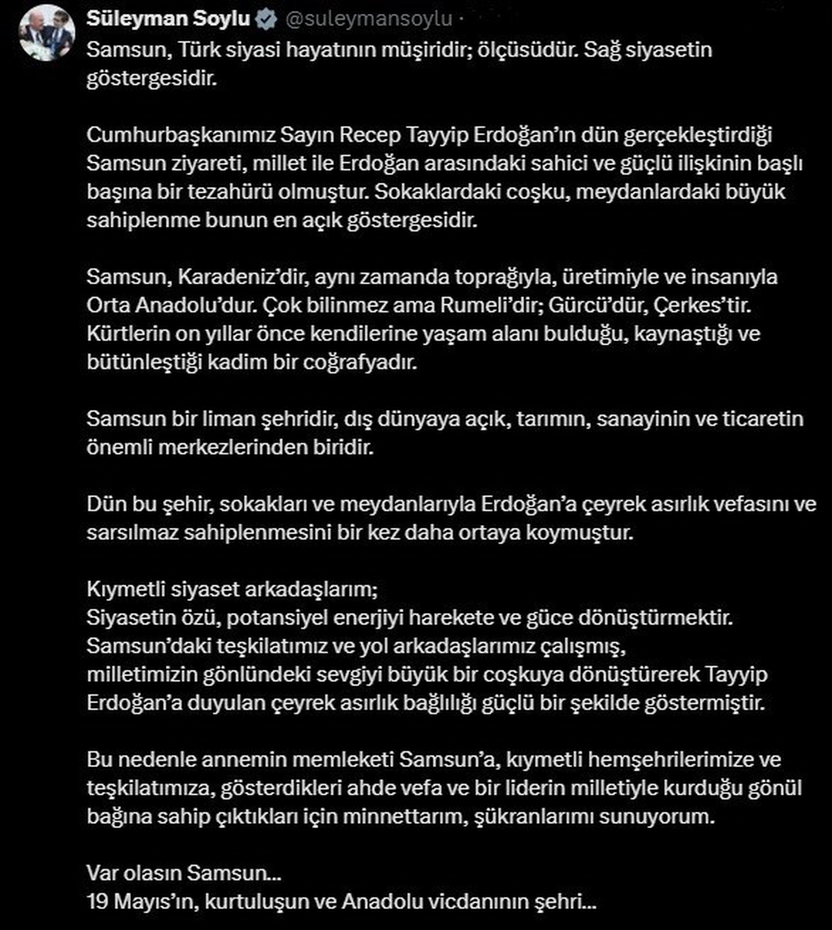Süleyman Soylu'dan Samsun Değerlendirmesi: "Türk Siyasi Hayatının Ölçüsüdür"